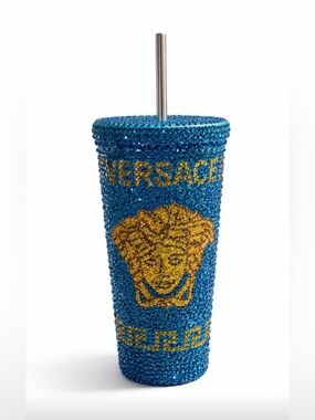 Versace Blue & Gold Crystal-Embellished Tumbler with Straw Medusa 🦁